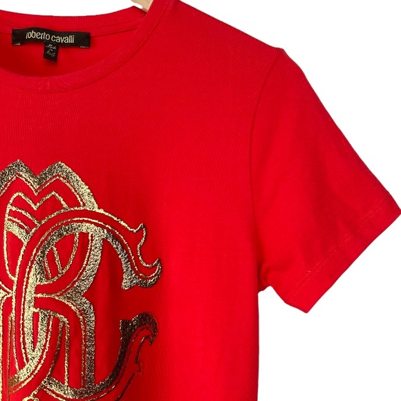 Roberto Cavalli Red Glitter Gold Logo Tee Size M - Picture 5 of 14